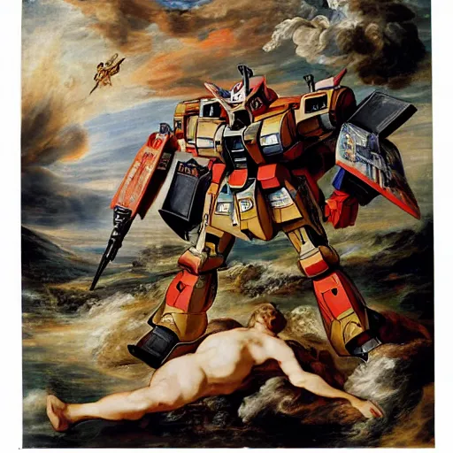 Prompt: peter paul rubens as consequences of wars with mecha gundam invited, random content position, delete duplicate content, photorealistic details content, incrinate, masterpiece, ultra detailed human structures.