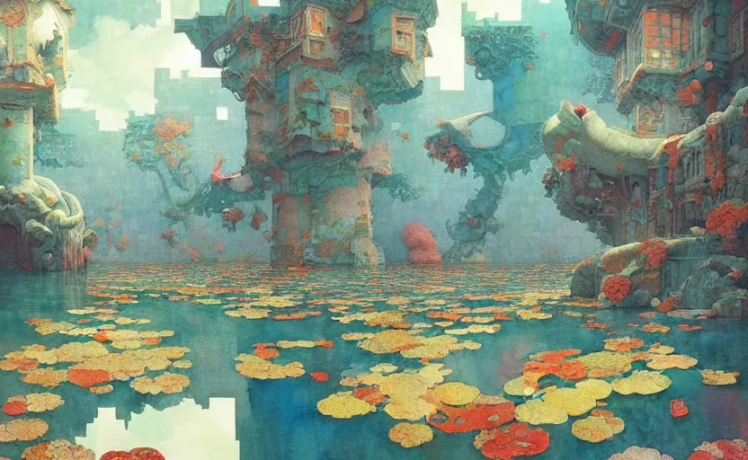 Image similar to tiled room squared waterway, fantasy. intricate, amazing composition, colorful watercolor, by ruan jia, by maxfield parrish, by marc simonetti, by hikari shimoda, by robert hubert, by zhang kechun, illustration, gloomy