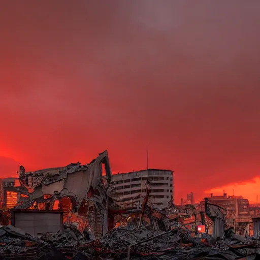 Image similar to a completely destroyed city with a red sky