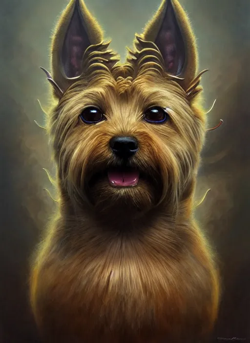 Prompt: norwich terrier as an devil, aesthetic, fine art, intricate, elegant, highly detailed, realistic hair, centered, digital painting, art station, conceptual art, soft, sharp focus, illustration, artwork, artgerm, tomasz alen kopera, peter mohrbacher, donato giancola, wlop, boris vallejo