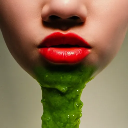 Image similar to medium shot open human mouth with thick viscous green slime oozing out, thick red lips, human staring blankly ahead, melancholy, unsettling, art house film aesthetic, a 2 4, color grain 3 5 mm, hyperrealism