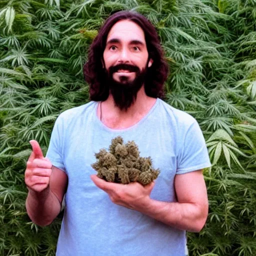 Image similar to photograph of jesus holding a bag of weed