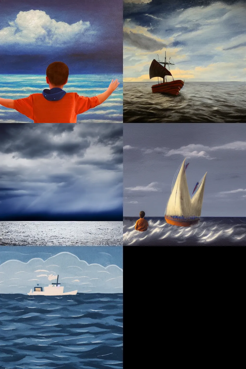 Prompt: A boy in a ship sailing towards sea storm in dark blue sky