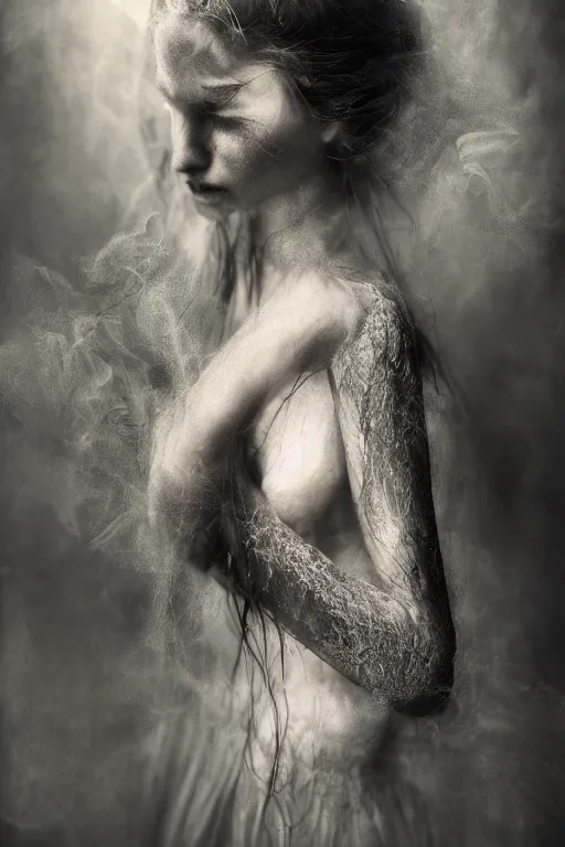 Image similar to wetplate photography inside a soul of a gorgeous young girl , searching for eternity, smoke out of her eyes, dark glowing forest in the style of stefan kostic, realistic, sharp focus, 8k high definition, high fashion, vogue, insanely detailed, soft light, colorful smoke, intricate, elegant, art by stanley lau and artgerm, sigma 85mm art