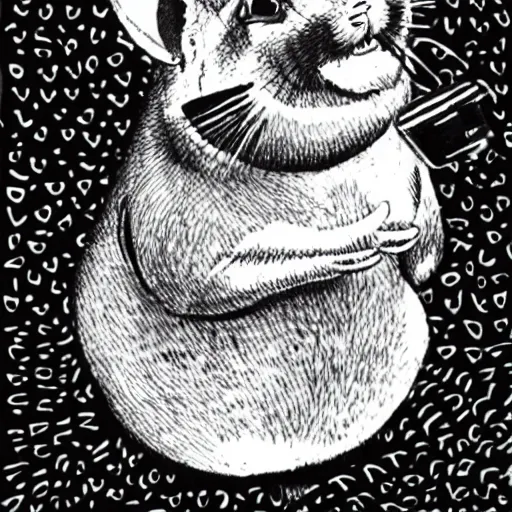 Image similar to a pen and ink drawing of a happy chinchilla excitedly holding aloft a bottle of hot sauce