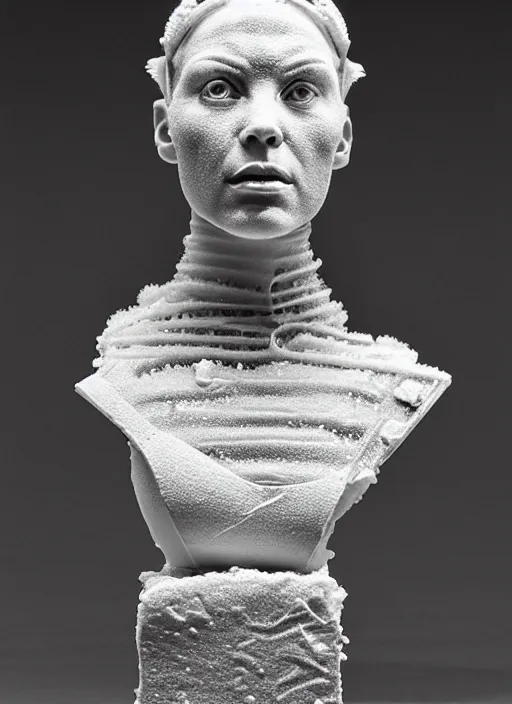 Image similar to a young female cyborg bust made of ice and concrete, dramatic, ilford hp 5, closeup - view, f / 2. 8, high contrast, 1 6 k, fluorescent lamp, contre - jour, insanely detailed and intricate, hypermaximalist, elegant, ornate, hyper realistic, super detailed