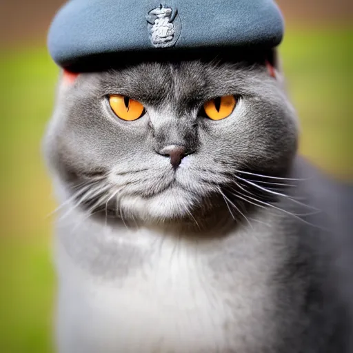 Image similar to front portrait photo of scottish fold cat wearing a black military hat, pure grey fur, world champion cat, highly detailed, high resolution, cosplay photo, stunning, bokeh soft, trending on instagram, by professional photographer, soldier clothing, american military uniform, shot with a canon