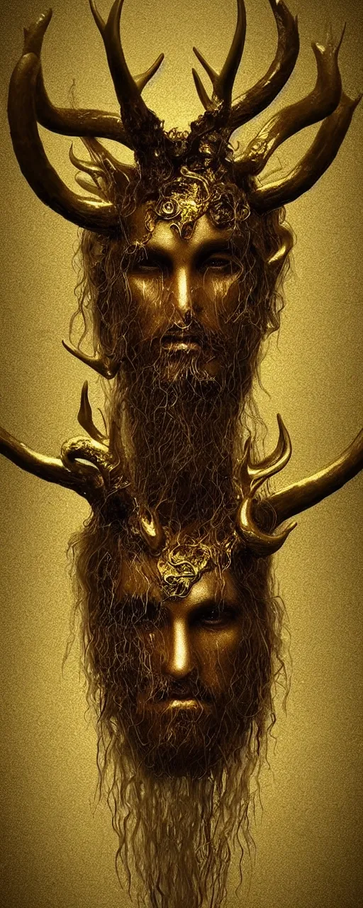 Image similar to Hyper realistic portrait of a surreal Cernunnos floating in the dark night, gold dripping in spiral, Mistic ambient, ultra super good realistic 3D render by Pete Morbacher and Emil Melmoth, insanely detailed, trending on artstation, sharp focus