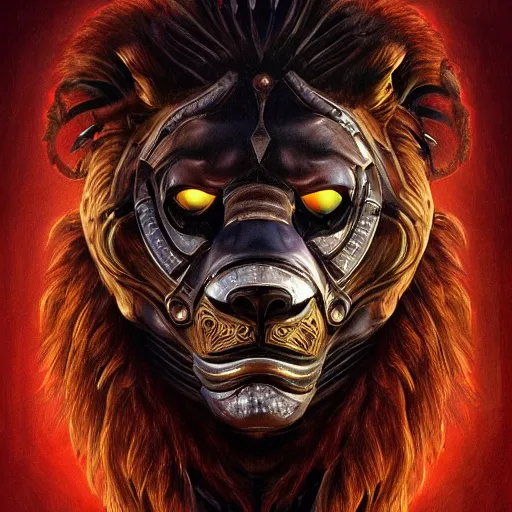 Image similar to Very very very very highly detailed epic zoom out photo of full face with lion robber venetian mask, intricate, dystopian, sci-fi, extremely detailed, digital painting, artstation, concept art, smooth, sharp focus, illustration, intimidating lighting, incredible art by Artgerm and Vincent di Fate