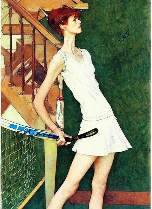 Prompt: a copic maker art nouveau portrait of a russian beautiful skinny girl with sad face wearing a tennis player outfit from lacoste by john berkey norman rockwell