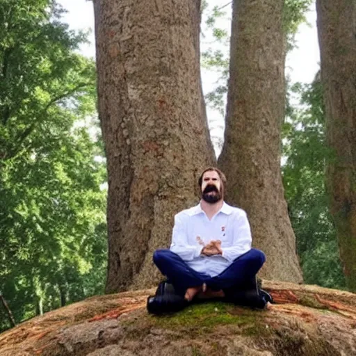 Prompt: president gabriel boric meditating on top of a big tree