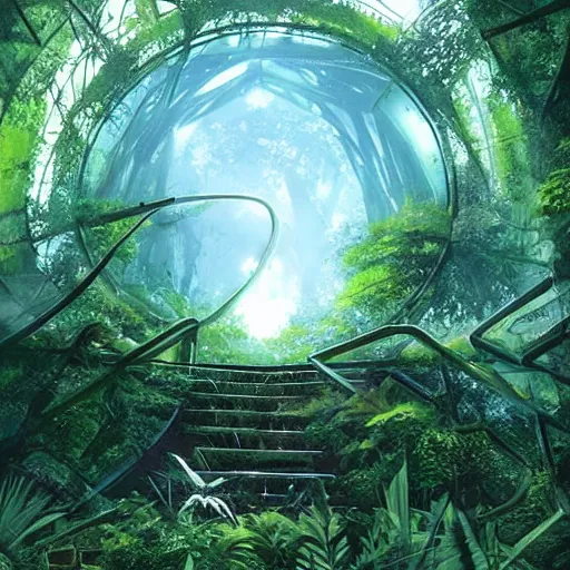 Image similar to stairs leading to a derelict portal in a middle of a lush futuristic forest, alien world seen through a portal, daylight, cinematic lighting, blue sky, syd mead, john harris