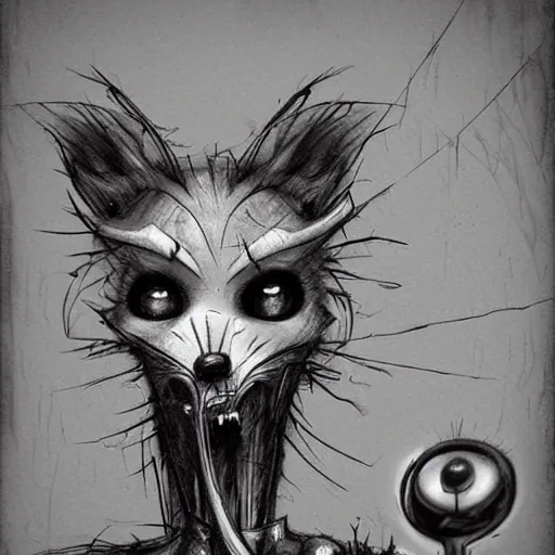 Image similar to surrealism grunge cartoon sketch of a cute zombie fox by michael karcz, loony toons styl, horror theme, detailed