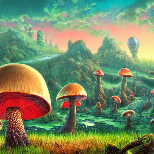 Image similar to 4 k headshot portrait of a psychedelic demonic anthropomorphic badger with mushroom themed clothes, magic mushroom village in background by jeff easley, award winning, stylized neon, post - processing, masterpiece, superb resolution. in the art style of junji ito and greg rutkowski. detailed mushroom city in background. hyper realistic anime. perfect art. dalle 2