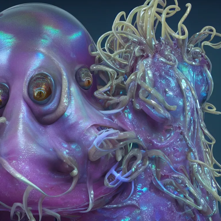 Image similar to octane render portrait by wayne barlow and carlo crivelli and glenn fabry, a deep ocean mariana trench fish squid octopus jellyfish creature made out inflated clear iridescent plastic and bioluminescence, cinema 4 d, ray traced lighting, very short depth of field, bokeh