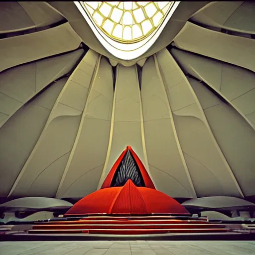 Image similar to futuristic lotus temple space station with gold, red and white marble panels, by buckminster fuller and syd mead, intricate contemporary architecture, photo journalism, photography, cinematic, national geographic photoshoot