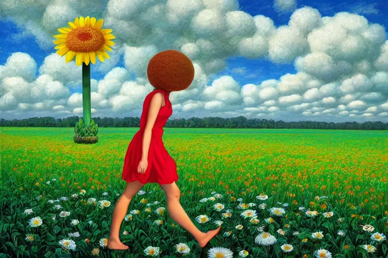 Image similar to giant daisy flower head, woman walking, surreal, clouds in sky, impressionist painting, digital painting, artstation, rob gonsalves