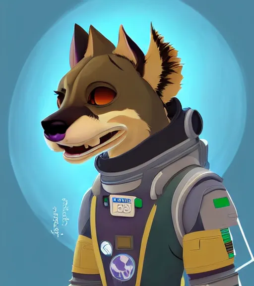 Image similar to digital detailed art of furry female hyena, in style of zootopia, fursona, furry, furaffinity, 4 k, deviantart, wearing astronaut outfit, in style of disney zootopia, floating in space, space background, hyena fursona, cyberpunk, female, detailed face, style of artgerm,