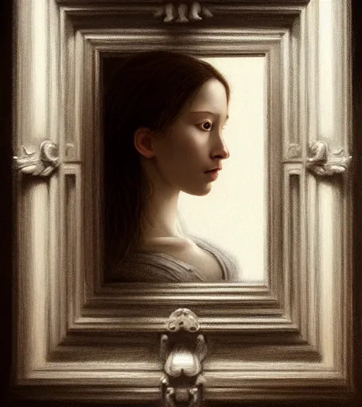 Prompt: portrait of a mirror sitting upon a table with heightened detail, poised, intense emotion, detailed facial expression, detailed surroundings, intricate, elegant, highly detailed, centered, digital painting, artstation, concept art, smooth, sharp focus, illustration, by ( leonardo da vinci ), wlop