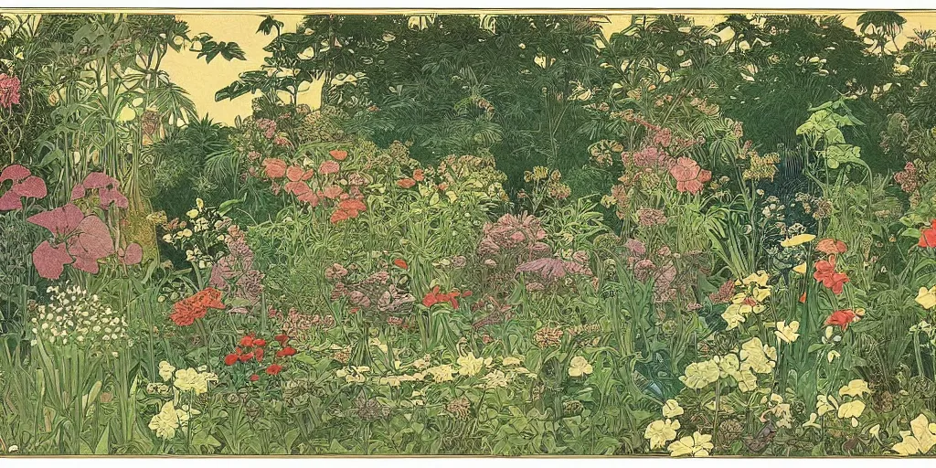 Image similar to an illustration of a beautiful garden, isometric view, painted by ernst haeckel and hasui kawase and alphonse mucha