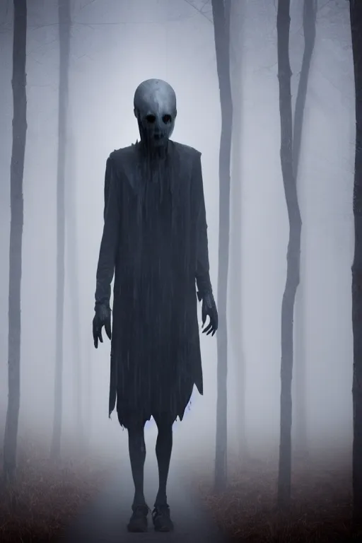 Image similar to tall slender humanoid walking in the mist, red eyes, bloody face, creepy, horror, fantasy, bloodcurdling