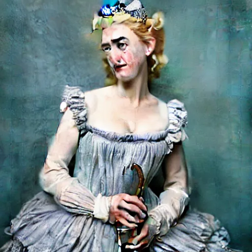 Prompt: A 18th century, messy, silver haired, (((mad))) elf princess (look like ((young Kate Winslet))), dressed in a frilly ((ragged)), wedding dress, is ((drinking a cup of tea)). Everything is underwater! and floating. Greenish blue tones, theatrical, digital art by Tim Burton