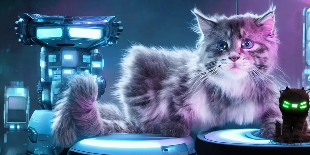 Image similar to a d rendered movie still a cute robotic kitten with rgb ambient lighting implants. the robot maine coon kitten. in the background is a cyberpunk cat tree with rgb dramatic lighting. science fiction blockbuster movie from the future, imax 7 0 mm. style of mandalorian ( american space western television series )