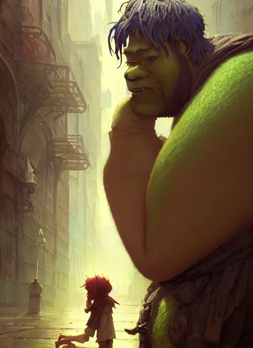 Image similar to Highly detailed portrait of homeless and beaten up Shrek, Stephen Bliss, unreal engine, fantasy art by Greg Rutkowski, Loish, Rhads, ferdinand knab, Makoto Shinkai and Lois van baarle, ilya kuvshinov, rossdraws, Tom Bagshaw, global illumination, radiant light, detailed and intricate environment