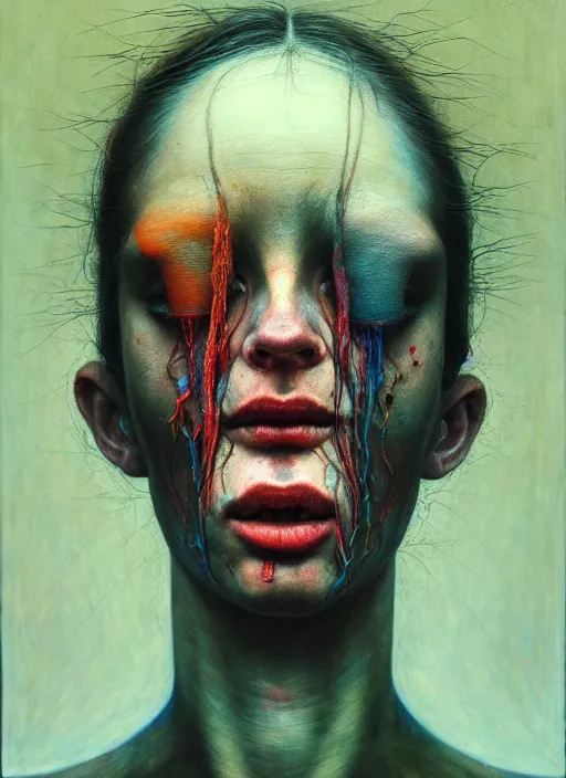 Image similar to there is ugliness in beauty, but there is also beauty in ugliness detailed portrait painting inspired by beksinski and alex gray, anamorphic lens, anamorphic lens flares, kodakchrome, cinematic composition, practical effects, painterly ghibli style, by jenny saville. 8 k