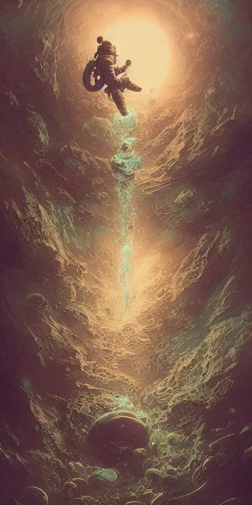 Image similar to an astronaut fading into the aether, water elemental, james gurney, peter mohrbacher, mike mignola, black paper, mandelbulb fractal, trending on artstation, exquisite detail perfect, hyper detailed, intricate ink illustration