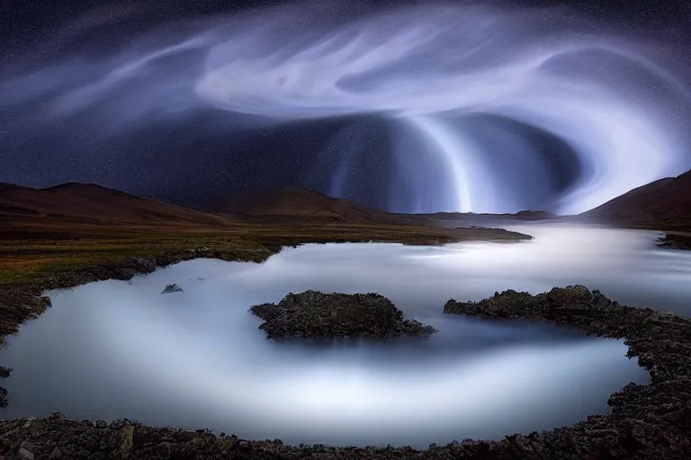 Prompt: a black hole above a beautiful landscape, swirling flows of energy, dramatic lighting, marc adamus