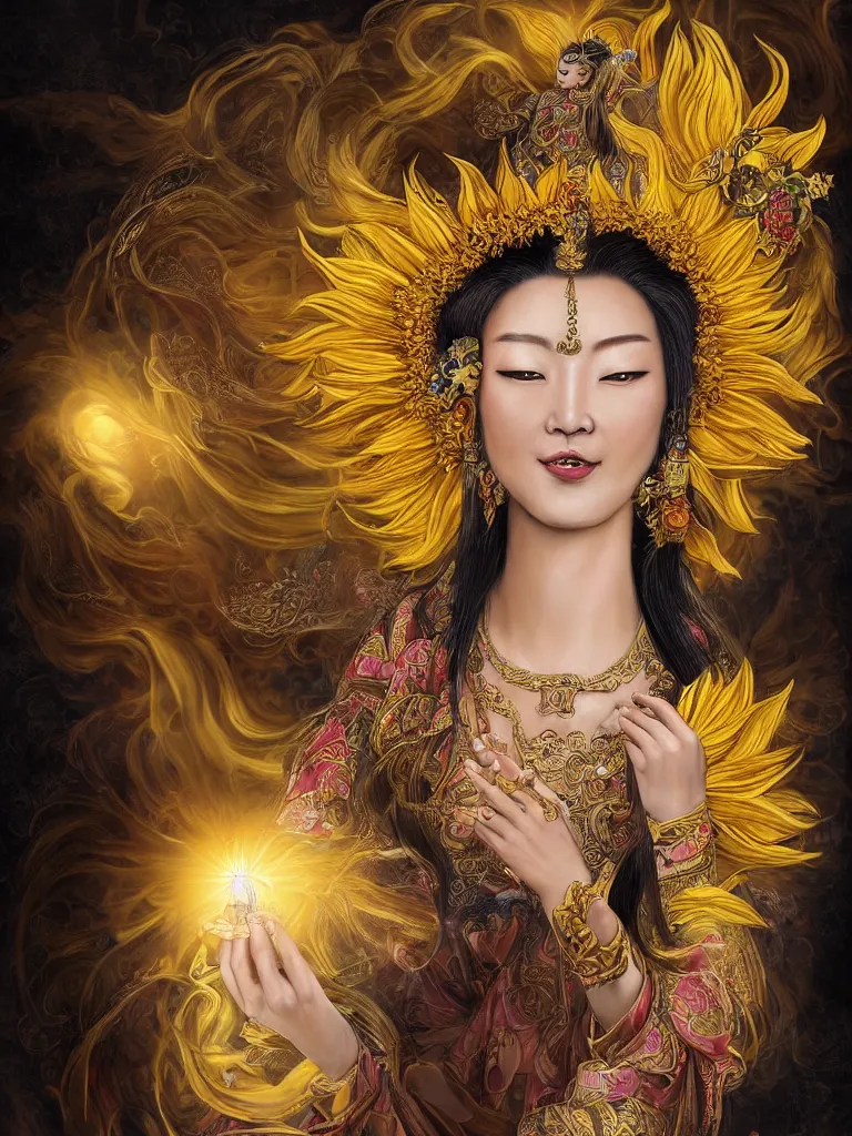 Image similar to Graceful portrait of the Sunflower Goddess, a Chinese female deity who brings joy and light onto the world with her smile and by channeling energy from the sun. Insanely nice professional hair style, dramatic hair colour, digital painting of a old 17th century, amber jewels and golden gemstones, baroque, ornate clothing, sci-fi, dark blue smoke background, flames, very realistic, chiaroscuro, art by Franz Hals and Jon Foster and Ayami Kojima and Amano and Karol Bal.