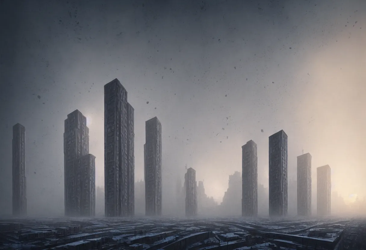 Prompt: soviet brutalist skyscrapers and concrete block city from surface of frozen winter planet at sunset, ultra high definition, ultra detailed, symmetry, fog, matte painting, by greg rutkowski and ross tran and wlop