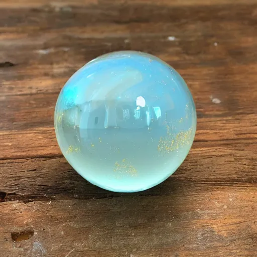 Prompt: glass orb, filled with suspended flecks of gold and aquamarine, reflecting light