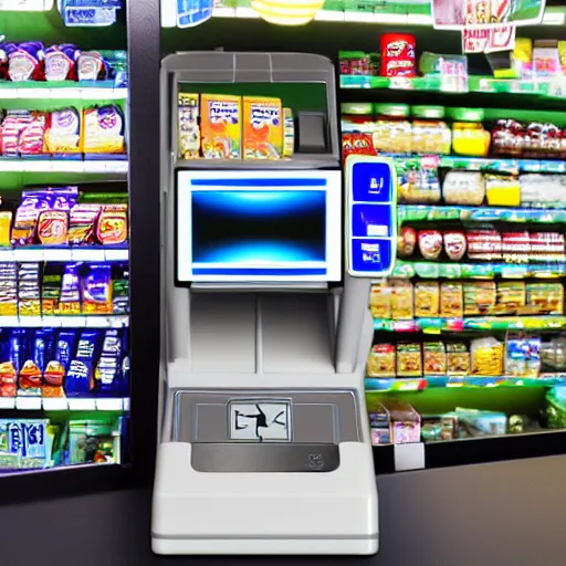 Prompt: fisheye photography irritable convenience store robo - cashier