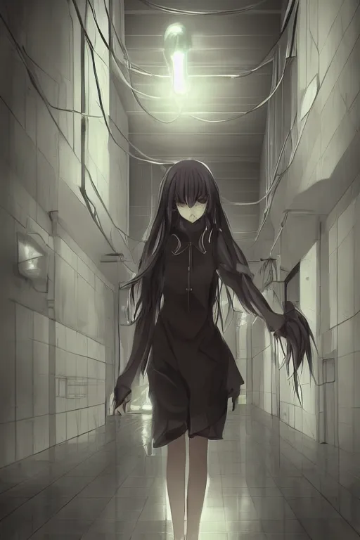 Image similar to Digital anime art by WLOP and Mobius, The hallway of a science complex, escaping test subject, a girl with dangerous psychic glow, wearing hospital gown, chains on wrists, angry expression, highly detailed, intriguing lighting