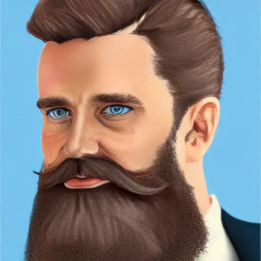 Image similar to a highly detailed portrait of a man, with a brown beard and hair, blue eyes, wearing a tuxedo, photo, hyperrealism, digital art