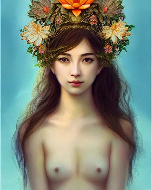 Image similar to the goddess of summer, with lotus on her head, half - length head portrait, dreamy, beautiful, by wlop