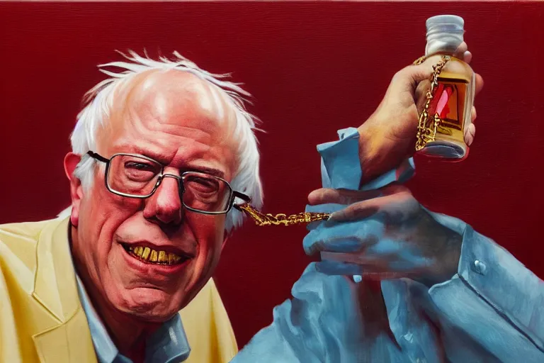 Prompt: Bernie Sanders as rap gold chains and gold teeth, drinking cough syrup, oil on canvas, artstation, portrait, masterpiece, aesthetic