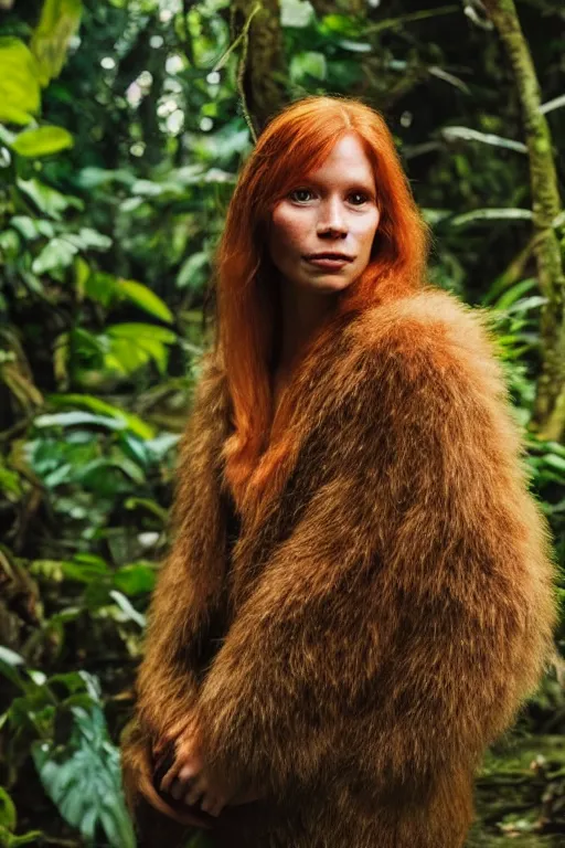 Image similar to a professional portrait photo of a neanderthal woman in the tropical jungles, ginger hair and fur, extremely high fidelity, natural lighting, national geographic magazine cover.