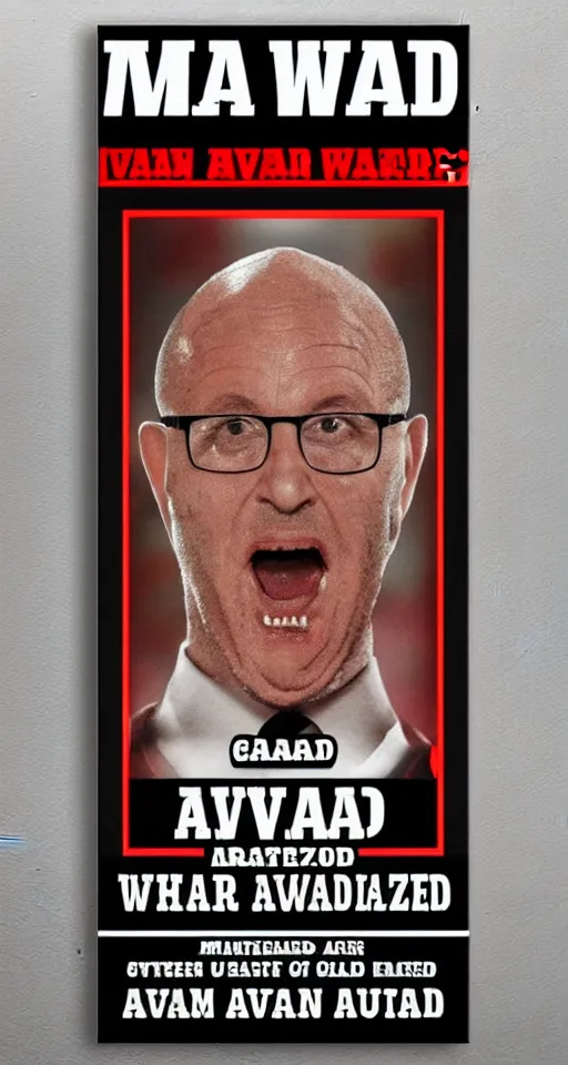 Image similar to avram glazer wanted dead or alive, owner of manchester united football club, wanted poster, bolo poster pure evil, devils horns, avram glazer, satan, hell, 8 k, symmetry, cinematic lighting