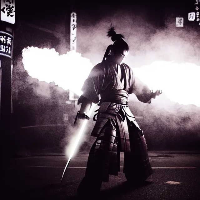 Image similar to cyber samurai fire dance slashing sword atomic, detailed bushido form smoke, fighting stance atomic energy, shibuya prefecture, cinematic neon uplighting, fog mist smoke, photorealistic, night photography by tomino - sama