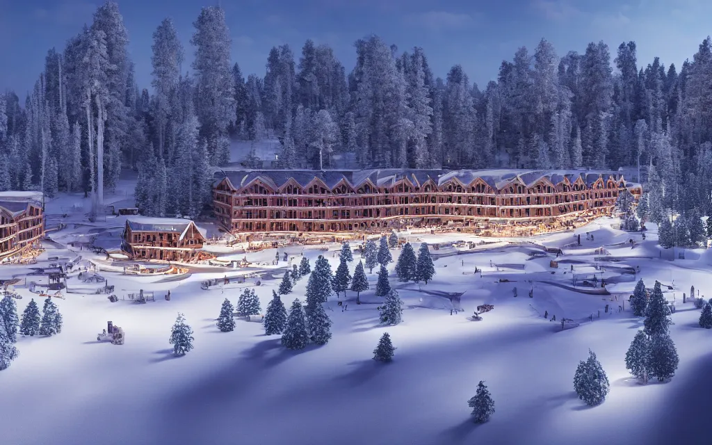 Image similar to finnish ski resort architectural visualization, hotel, winter scene, cozy, corona render, rendered in vray, evening light, lakeside, dof, mountainous landscape, pine forest, evermotion, ronen bekerman, contest winner, archviz, peter guthrie, ultradetailed, photorealistic, photoreal, photography, mir. no,