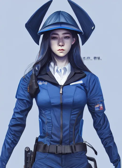 Image similar to full body portrait of a blue techwear uniform witch with guns. detailed face, concept art, digital art, intricate, highly detailed 8 k, smooth, sharp focus, beautiful and aesthetic shape of face and body, artgerm, artstation, art by zexi guo and nira and kafun and gharliera and rinotuna