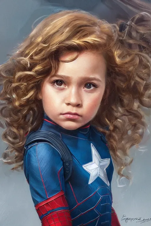 Prompt: a little girl with a michievous face and light brown curly wavy hair. she is dressed as captain america, spider - man, batman, captain marvel, a superhero. clean elegant painting, beautiful detailed face. by artgerm and greg rutkowski