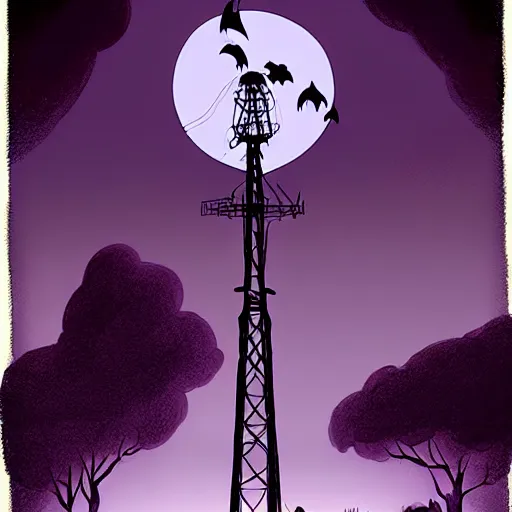 Prompt: abigail larson, don bluth, purple color pallete, welcome to night vale, radio tower with black hole above it, helicopter, spooky strange weird quirky, cartoon, 2 d, chiral lighting