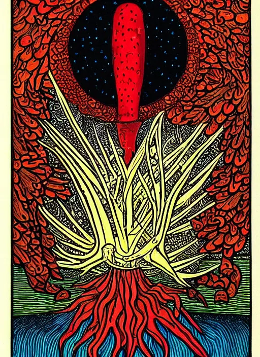 Image similar to tarot card designed by charles burns, painted with oil paint, depicting amanita muscaria, ritual, dmt space, intricate, ornate