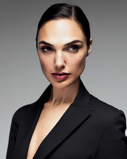 Prompt: professional head shot photograph of fashion model gal gadot wearing black suit by reza nia, nick knight, amy judd, jil sander minimal romantic heavenly elite style, posed, fluorescent makeup, beautiful, studio, studio lighting, flat natural tones, sharp focus, 8 k, very fine detail, stunning matte painting