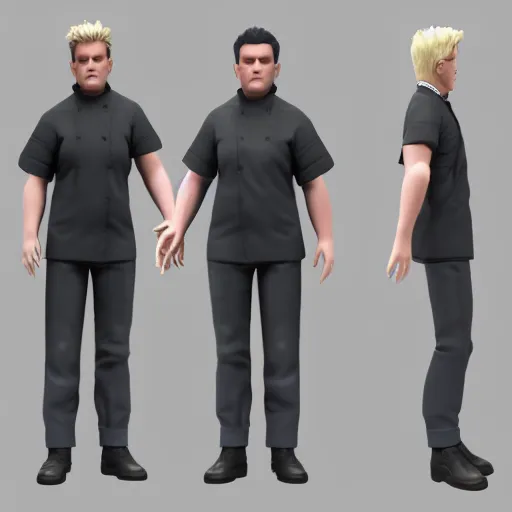 Prompt: 3 d model character sheet, multiple angles, gordon ramsay character design, fighting game, stylized 3 d graphics, ray tracing, ultra, 4 k image h - 7 4 0