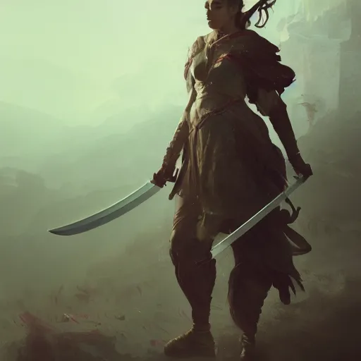 Image similar to a women swordsman holds a sword, by beeple, by ruan jia, grim expression, unreal engine, octane rendering, 8 k, closeup, full body, smooth, trending on artstation, digital illustration, blcak hair